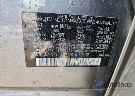 2019 Hyundai Santa Fe Limited из США, поврежденный, VIN 5NMS5CAD2KH062709